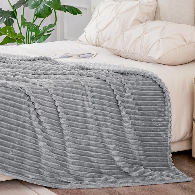 Image of WONJU Premium Ultra Soft Coral Fleece Blanket for Bed & Sofa | Warm Plush Ribbed Throw | Lightweight Cozy Winter Blanket | Machine Washable | Multiple Colors (Gery)