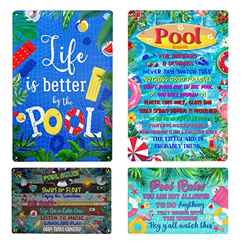 Harooni 4 Pack Retro Metal Tin Signs 8x12 Inch Vintage Pool Patio Rustic Funny Swimming Pool Sign Wall Decor Sign Outdoor for Home, Patio, Bar & Grill, BBQ