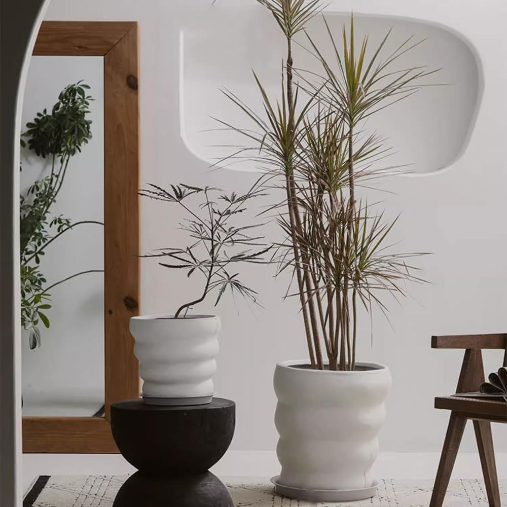 pot de fleur Pot de fleur en argile de magnésium blanc, jardinière en forme de spirale avec trous de drainage et plateau, récipient de fleurs for chambres, jardins et patios cache pot ceramique