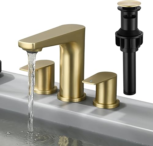 Grifos de baño de 3 agujeros, oro cepillado de 8 pulgadas, grifo de lavabo de baño generalizado, con desagüe desplegable y suministro de agua,