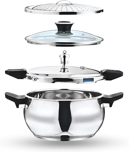 Vinod Magic - Olla a presión inteligente 3 en 1 de acero inoxidable de 5.5 litros  Base de 0.197 in de grosor  Cocina todo en uno con colador y tapa