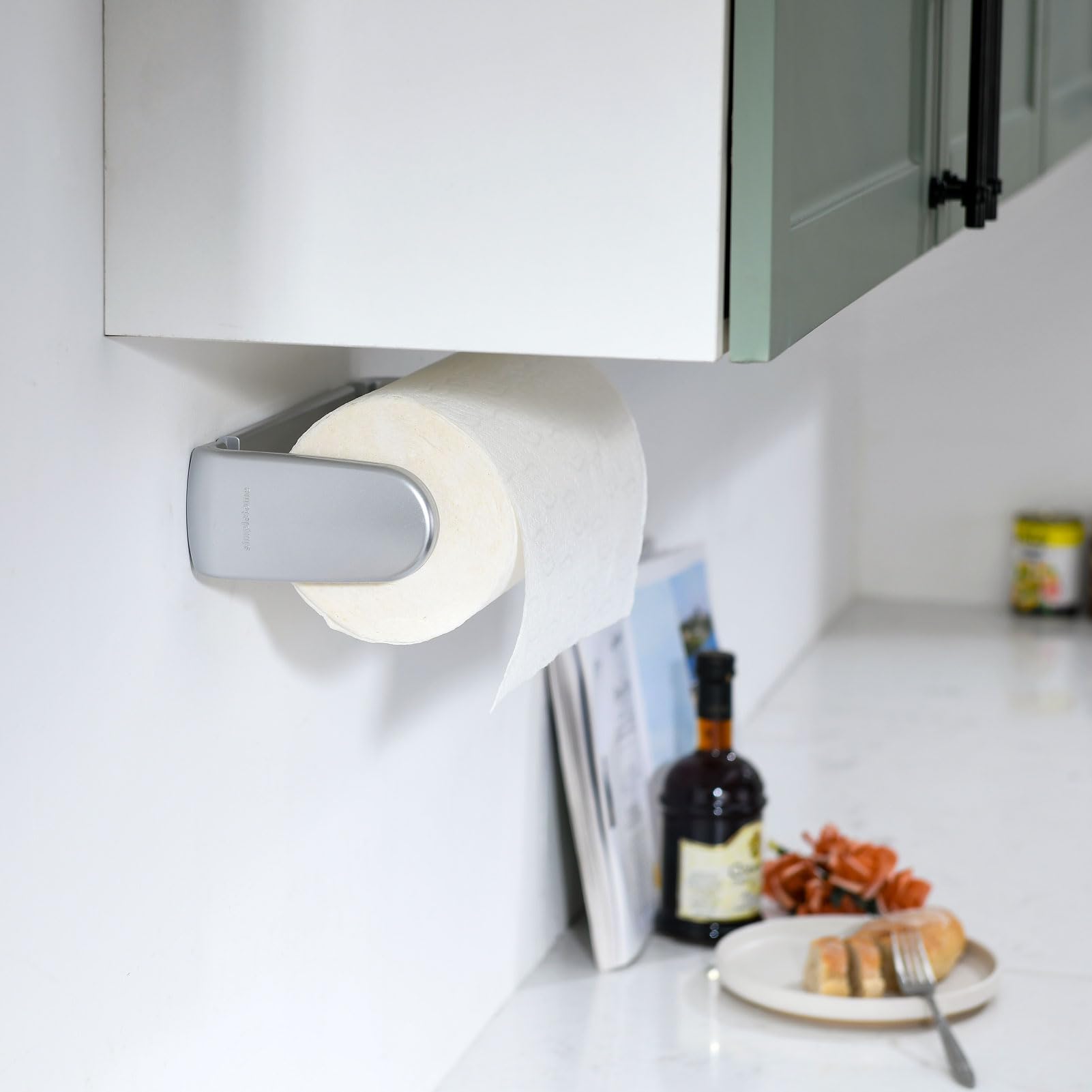 simpletome Paper Towel Holder Under Cabinet or Wall Mount ONE HAND Operation Tension Arm Kitchen Roll Holder (Silvery - Image 4