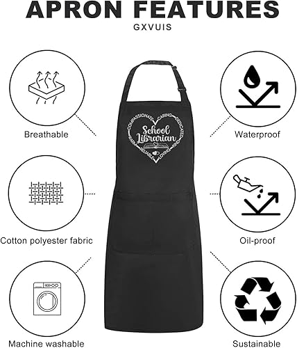 Miniatura 5 de Delantal de bibliotecario escolar para mujer con 2 bolsillos, estampado de corazón, impermeable, ajustable, delantal para cocina, barbacoa