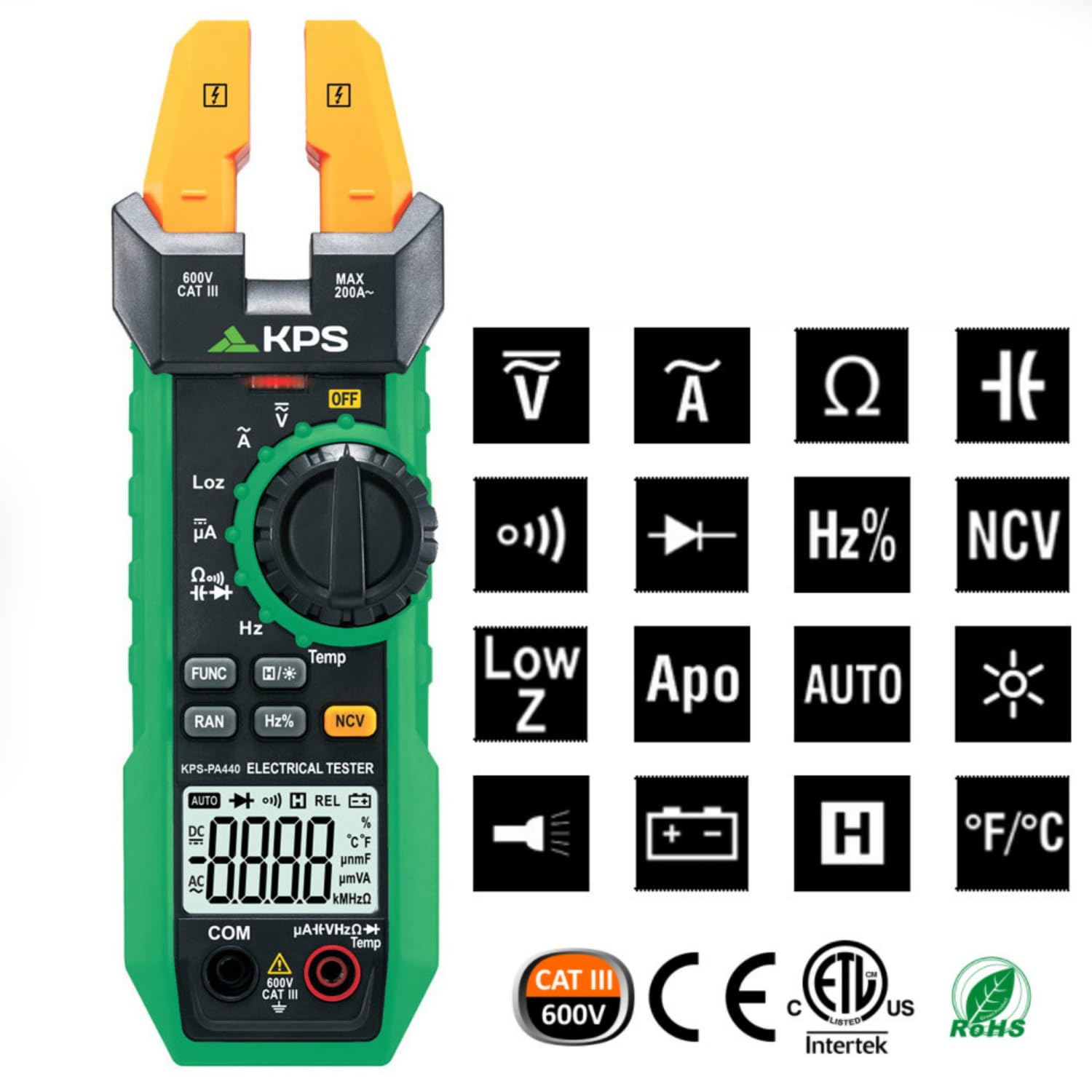 KPS-PA440 Pinza Amperimétrica Profesional con Maxilar Abierto - Multímetro Digital con Medición de Corriente AC 200A, Corriente DC 1000µA, Voltaje AC/DC 600V, Temperatura, Frecuencia, Capacidad y NCV