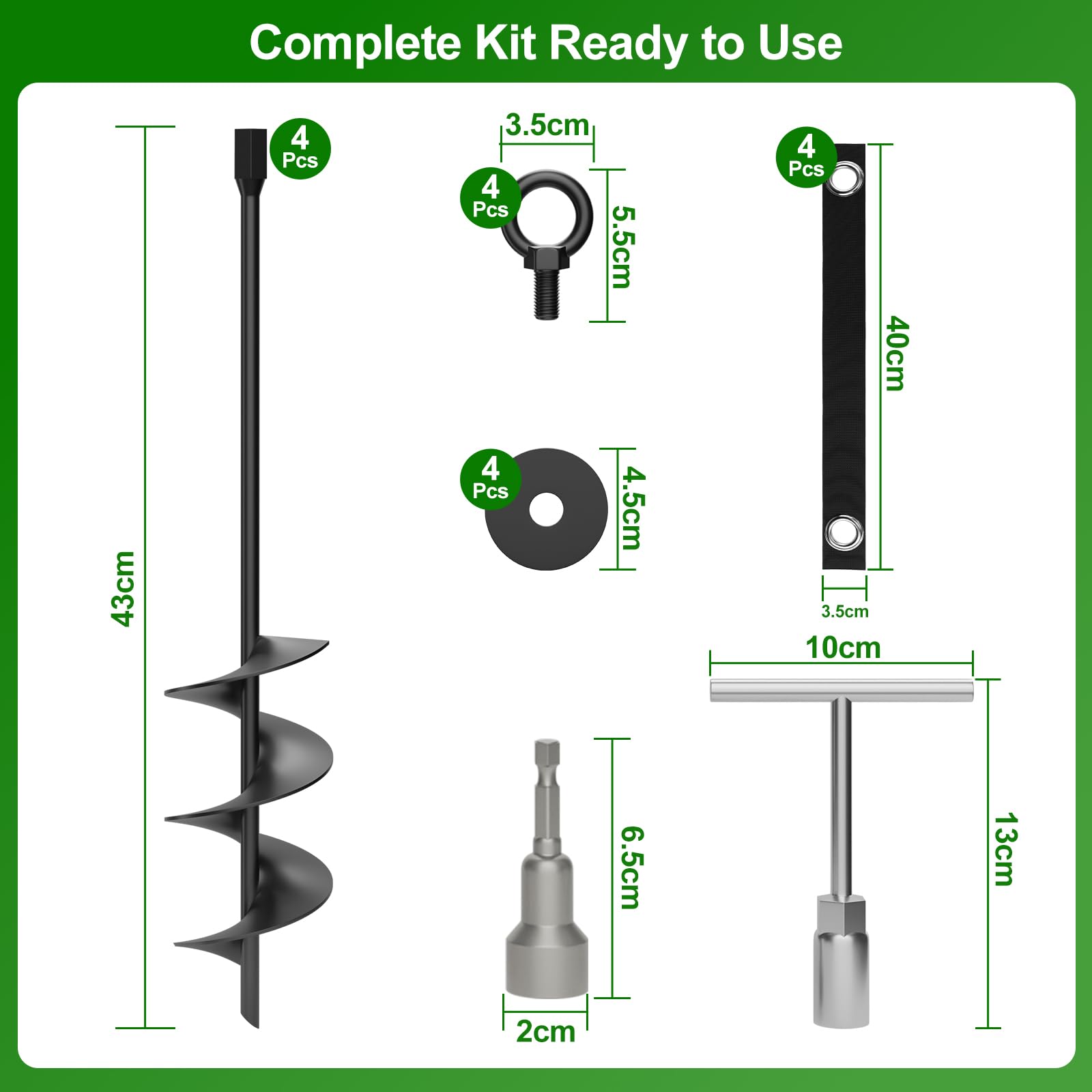 Anclaje de Tierra Resistente de Acero Inoxidable 45cm 4 Unidades | Estacas de Tornillo con Correas y Herramienta de Montaje, Trampolín Tienda Pérgola Carport Columpio, Fijación Antiviento