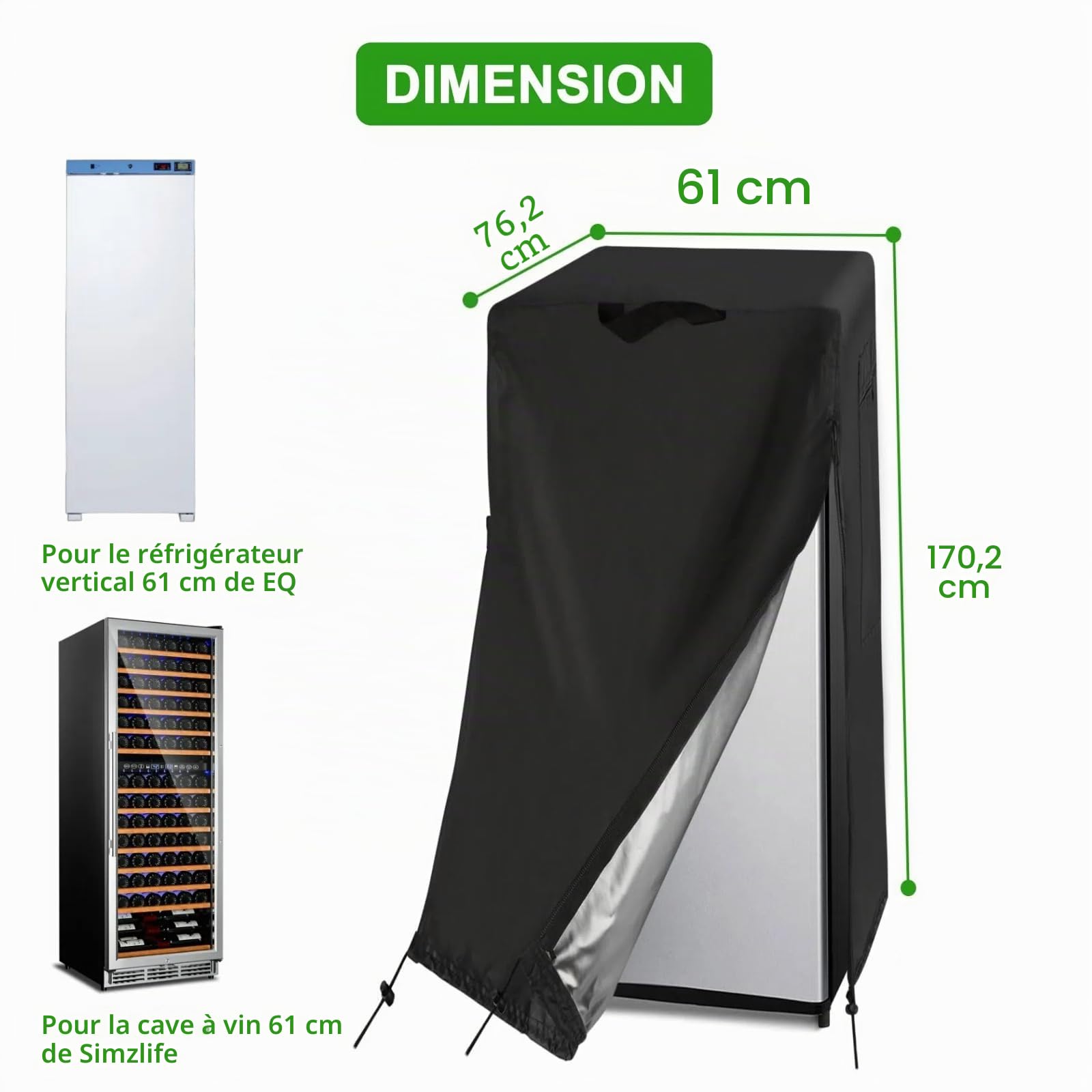 Housse imperméable et anti-poussière pour protéger les congélateurs verticaux/réfrigérateurs à boissons - Convient à la plupart des congélateurs de 8 à 12 cubes (61 x 76 x 170 cm (l x P x H)