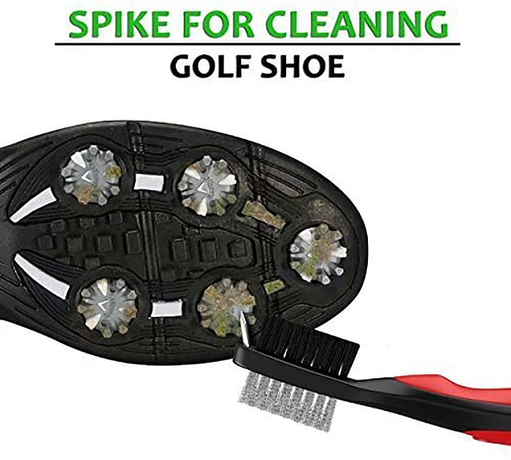 Cepillo de golf con limpiador de ranuras, cepillo de golf de nailon y acero, herramienta de limpieza portátil con mosquetón de aluminio ajustable para colgar en bolsa de golf (rojo)
