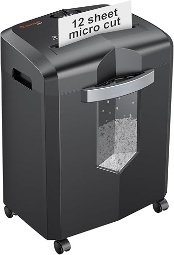 Bonsaii 12-Sheet Micro Cut Paper Shredder, Heavy Duty Shredder for Home Office Runs for 60 Mins, Shredders with 4 Casters & 16 Litres Pullout Bin, Shreds CD, Card, Mail, Staple and Clips(C266-B)