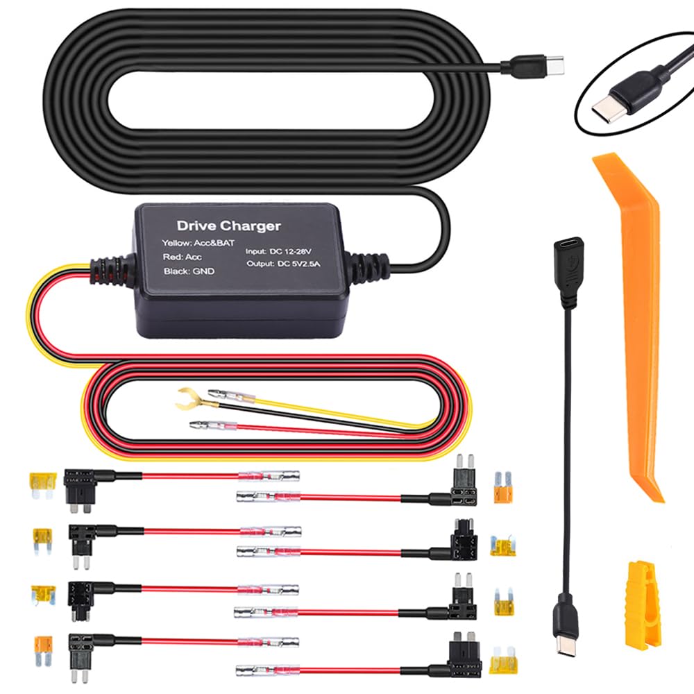 Dash Cam Hardwire Kit,Type-C Hard Wire Kit Fuse for Dashcam,Tvfea 12V-24V to 5V Car Dash Camera Charger Power Cord, Gift 4 Fuse Tap Cable and