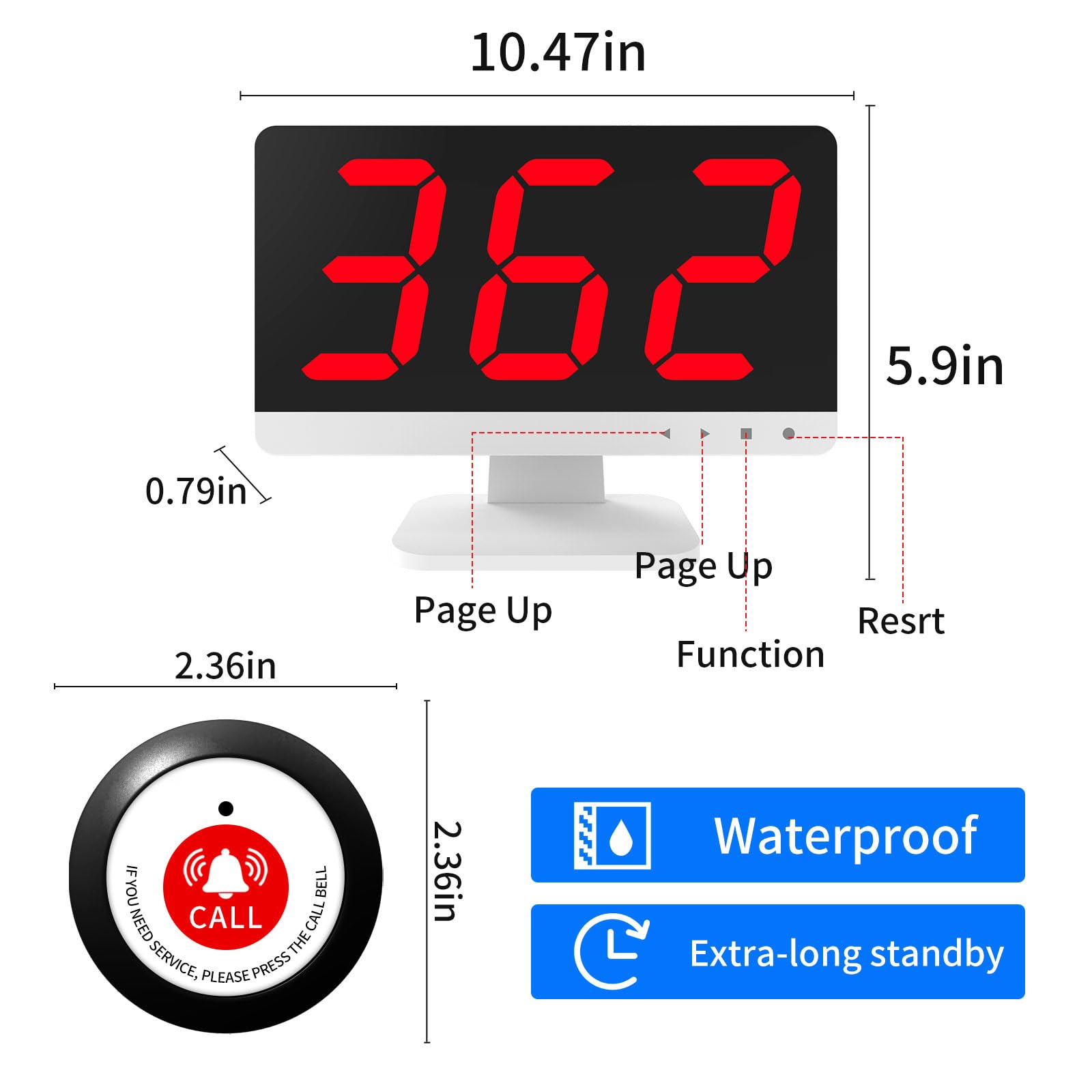 Cercapersone wireless con 10 pulsanti di chiamata di emergenza impermeabili – 300 m, sistemi di allarme medico per anziani con 1 ricevitore display per casa clinica infermieristica stazione