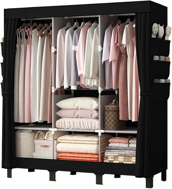 Closet Wardrobe, Portable Closet for Bedroom, Strong and Sturdy Black Portable Closets for Hanging,Clothes Storage Organizer,3 Hanging Areas + Side Pockets.51 W
