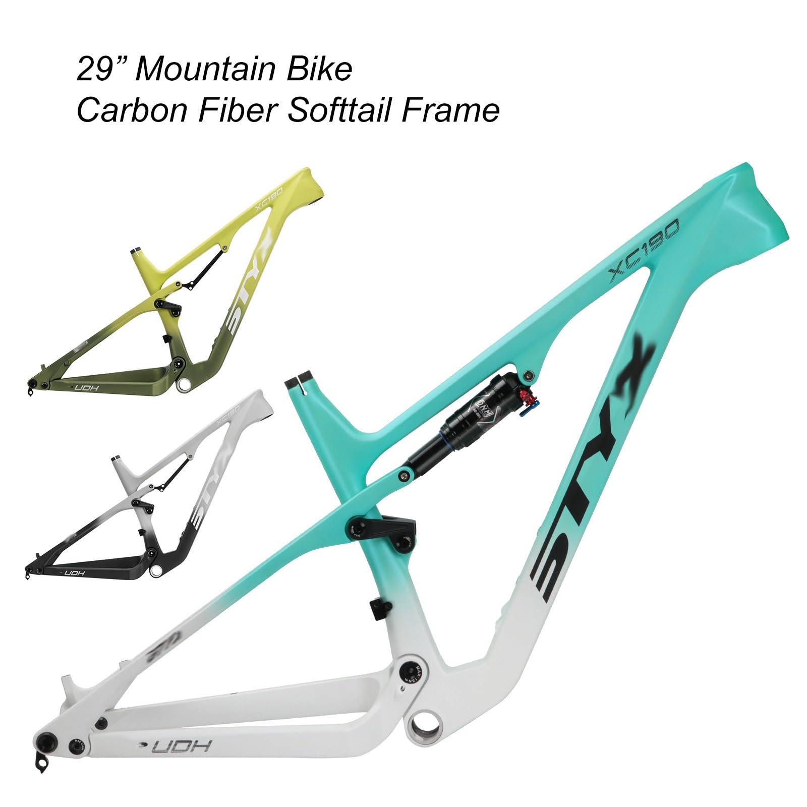 MirOdo 29er Bike Softtail Frame Carbon Fiber Ultralight Frame Shock Absorber Mountain Bike Frame Thru Axle 12 * 148mm XC/DH Frame Disc Brake BB-73mm (Color : Yellow Green, Size : 29