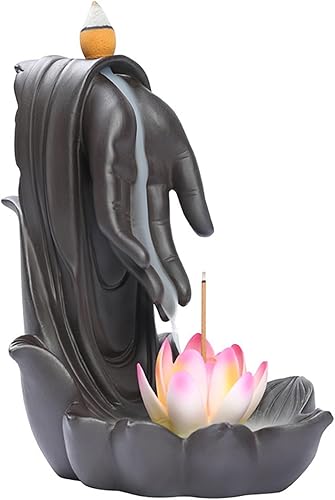 Miniatura 7 de Romehaha Quemador de incienso para palos, quemador de incienso de loto de mano de Buda, quemador de incienso de cascada con 30 conos y 30 varillas