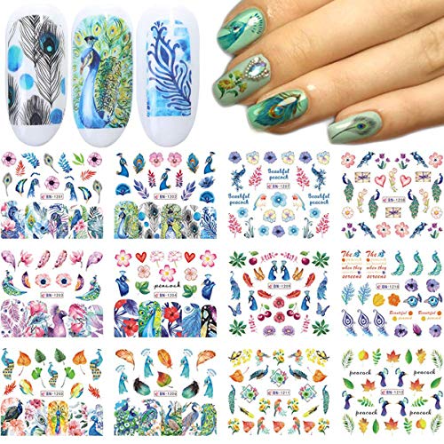 JXL Nail Art Stickers Water Transfer Nail Decals 12 Sheets Peacock Feather Leaf Flower Nail Stickers Nail Art Supplies N