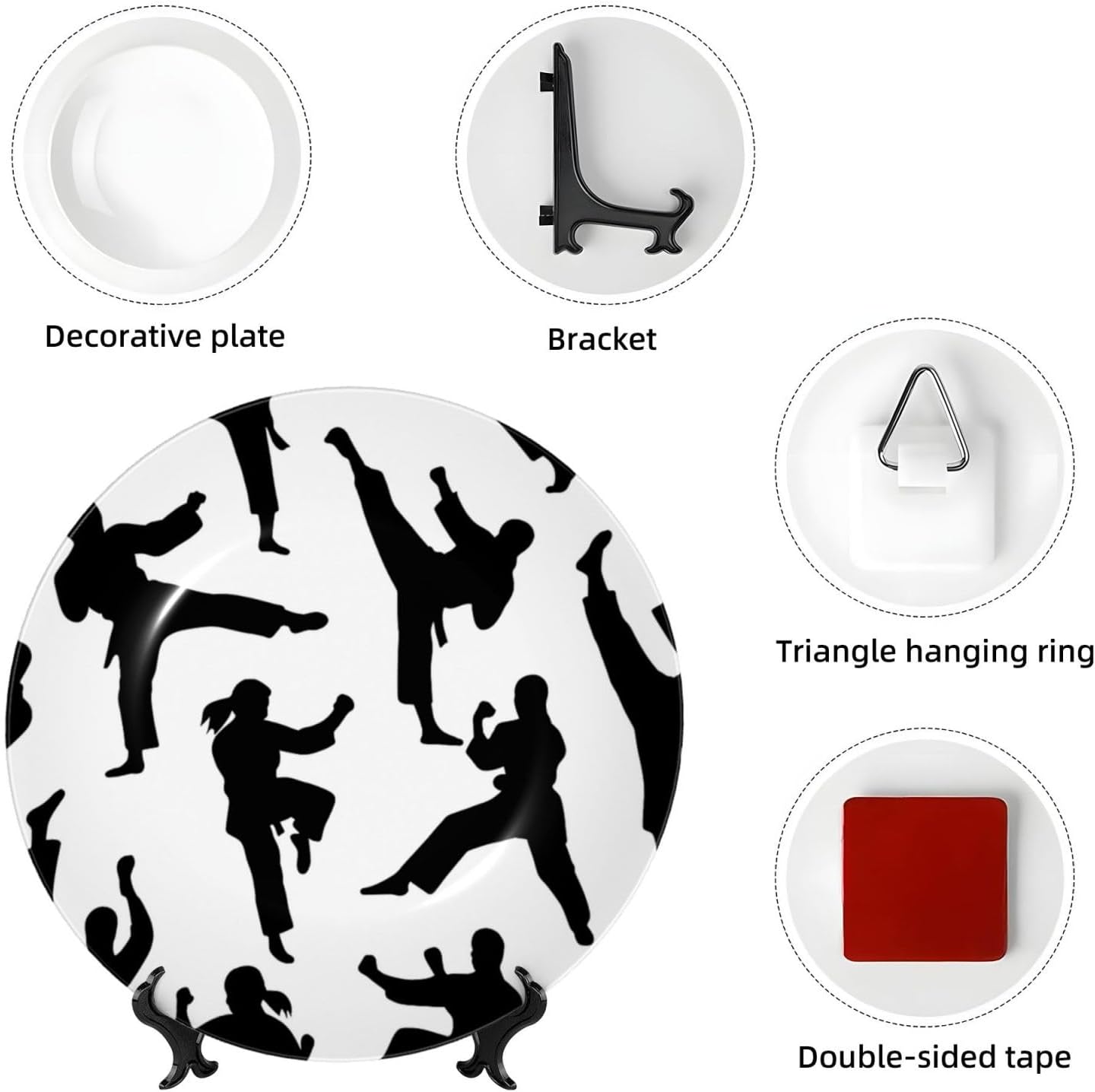 Kung Fu Silhouette 10 Inch Decorative Plate With Stand, Elegant Display Wall Plate For Home Decor