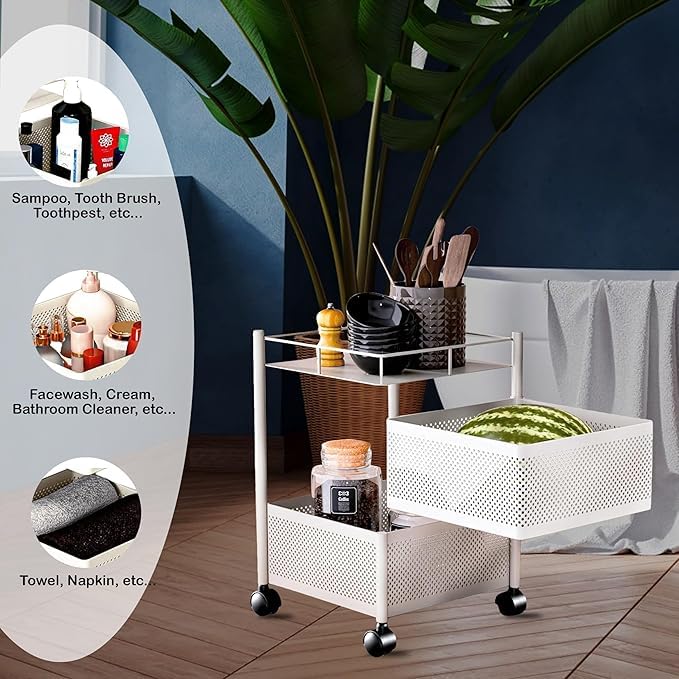 Image of KITCHIVO Kitchen Storage Rack | Revolving Vegetable Rack | Square Multipurpose Storage Trolley with Wheels | Metal Fruit Rack (White, 2 Layer)