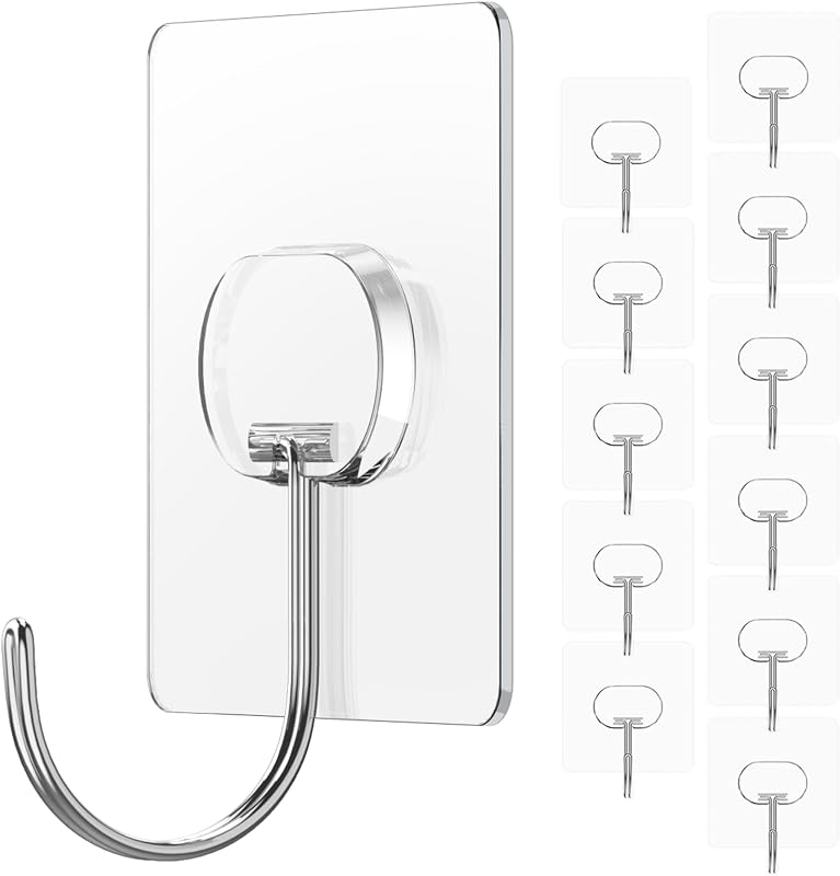 Ganchos de pared adhesivos sin taladro, grandes, transparentes, resistentes, adhesivos de 13 libras, paquete de 12 | Ganchos adhesivos transparentes impermeables grandes para colgar, carga máxima de 13 libras, sin daños, Ideal para toallas, abrigos, baños, cocinas y hogares