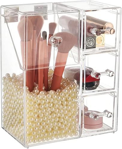 RANIT Acrylic Drawer Type Cosmetics Storage Box,Makeup Organizer For Dormitory Desktop Finishing Dresser Skin Care Lipstick Jewelry Boxes and