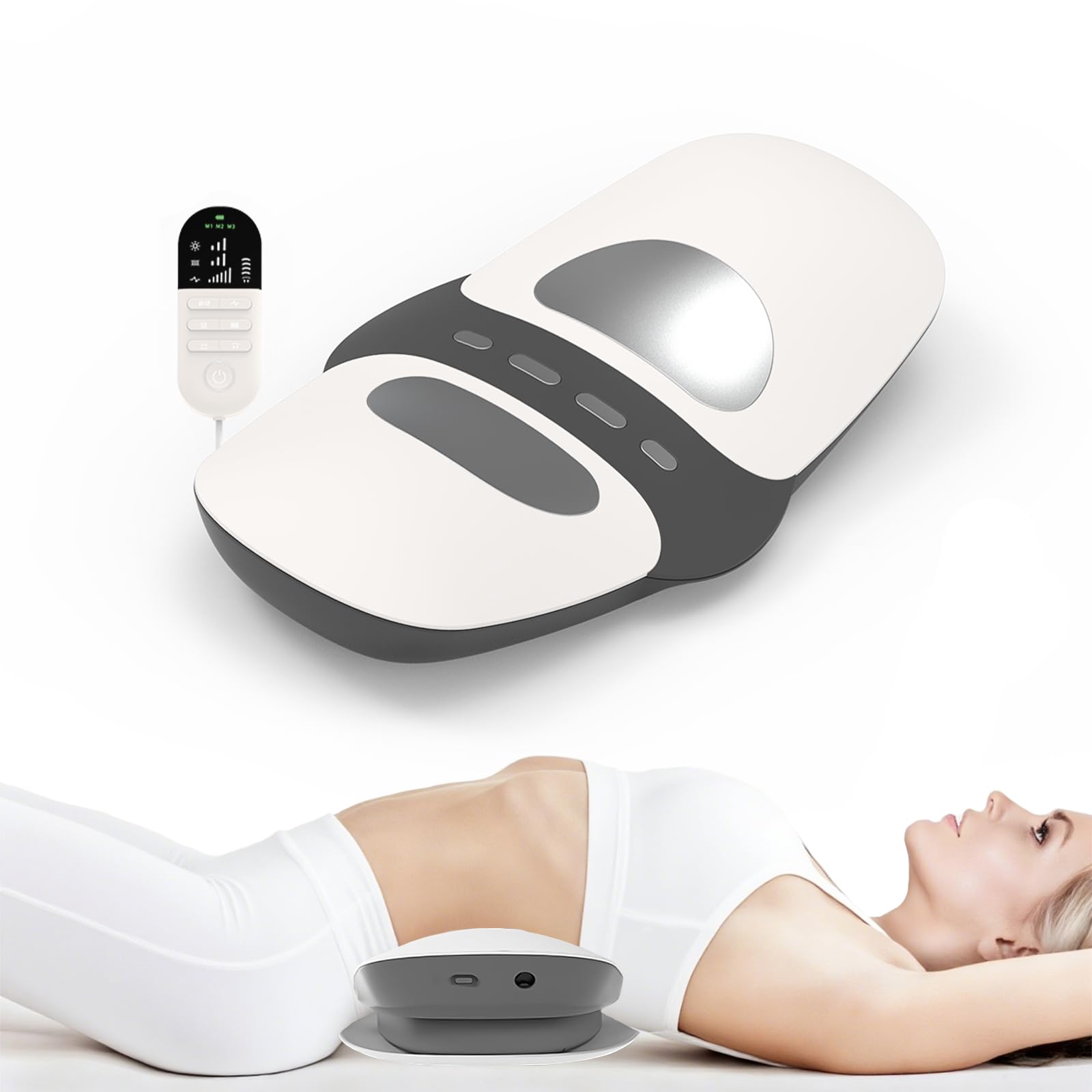 Apparecchio per Massaggio Lombare, 4 in 1 Massaggiatore per Schiena Senza Fili con Trazione Tramite Airbag, Impacco Caldo, Massaggio Vibrante, Elettroterapia EMS