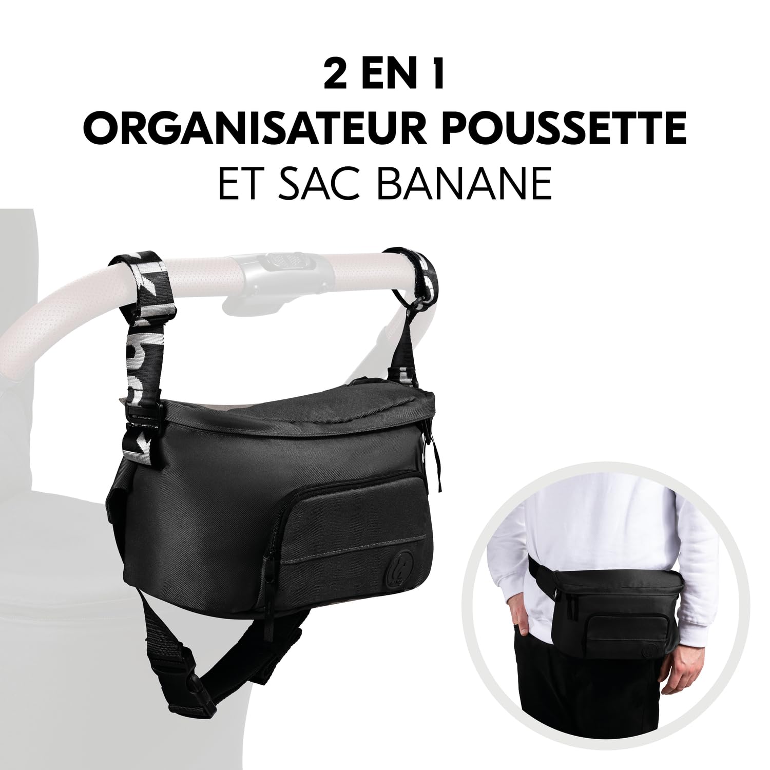 hauck Pushchair Hip Bag, Noir - 2en1 Sac de Rangement Poussette et Sac Banane pour Femmes et Hommes - Grand Organisateur Landau 17 x 11 x 32 cm - Fixation Facile - Longue Ceinture Réglable