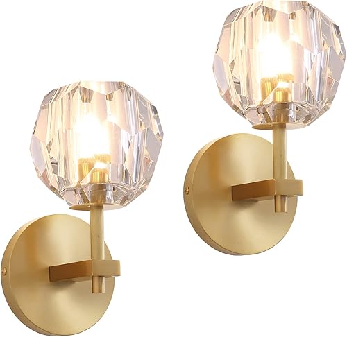 Siljoy Juego de 2 apliques de pared de latón moderno con pantalla de globo de cristal, para interiores, mesita de noche, para baño, dormitorio,