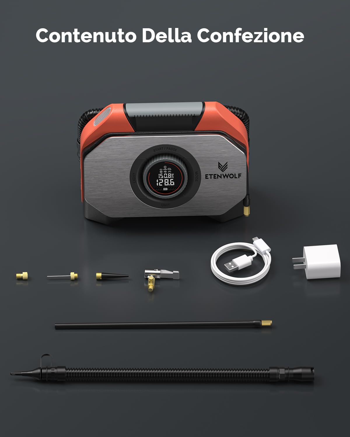 ETENWOLF Vortex S6-19200 mAh Compressore Aria Portatile, 11,03 Bar/160 PSI Pompa Gonfiabile con Pompa ad Aria Elettrica, 7 Modalità di Gonfiaggio per Auto Biciclette Elettriche, Moto