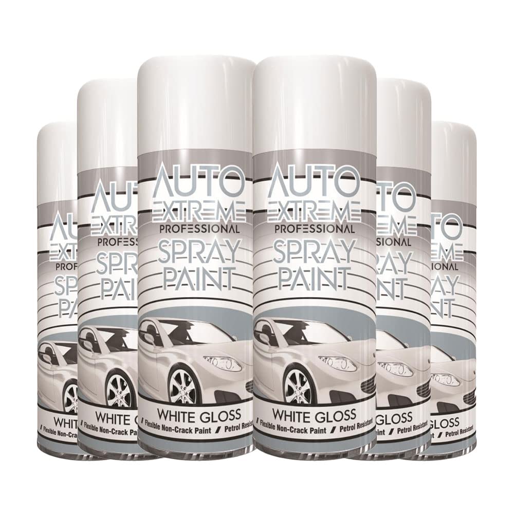 6 x Auto Extreme White Gloss Spray Paint 400ml Professional Quality, Perfect Finish for Cars, Bikes,Vans, Metal, Wood