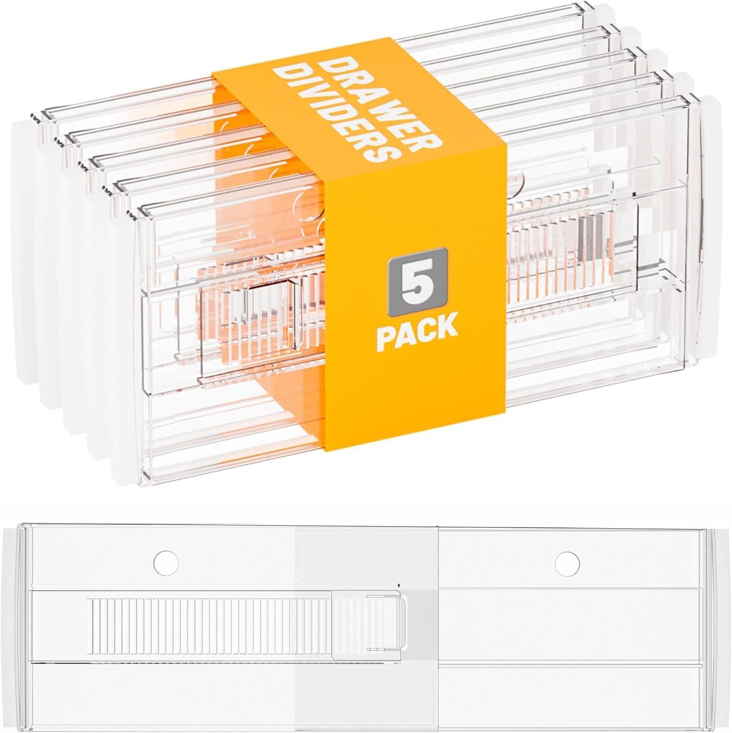 5 Pack Adjustable Drawer Dividers (12.3-18") 6" High Expandable Clear Drawer Dividers for Kitchen, Bedroom & Office Dresser Drawer Organizers for Clothes, Utensils and Baby Nursery Storage
