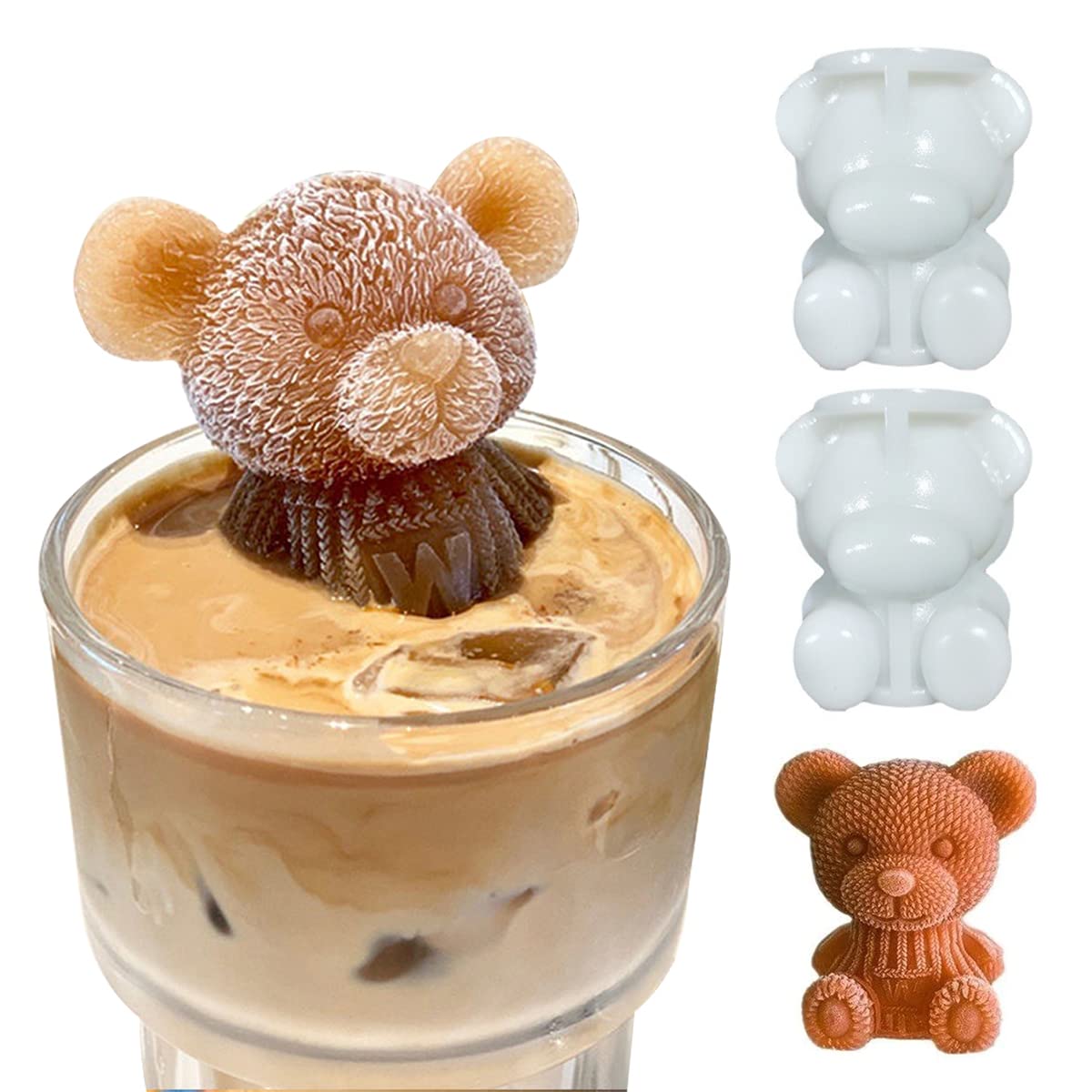 3D Cute Bear Ice Cube Mold, Silicone Animal Mold Ice Cube for DIY Iced Coffee Milk Tea Beverage Drink Decoration Reusable and BPA Free Set of 2, White