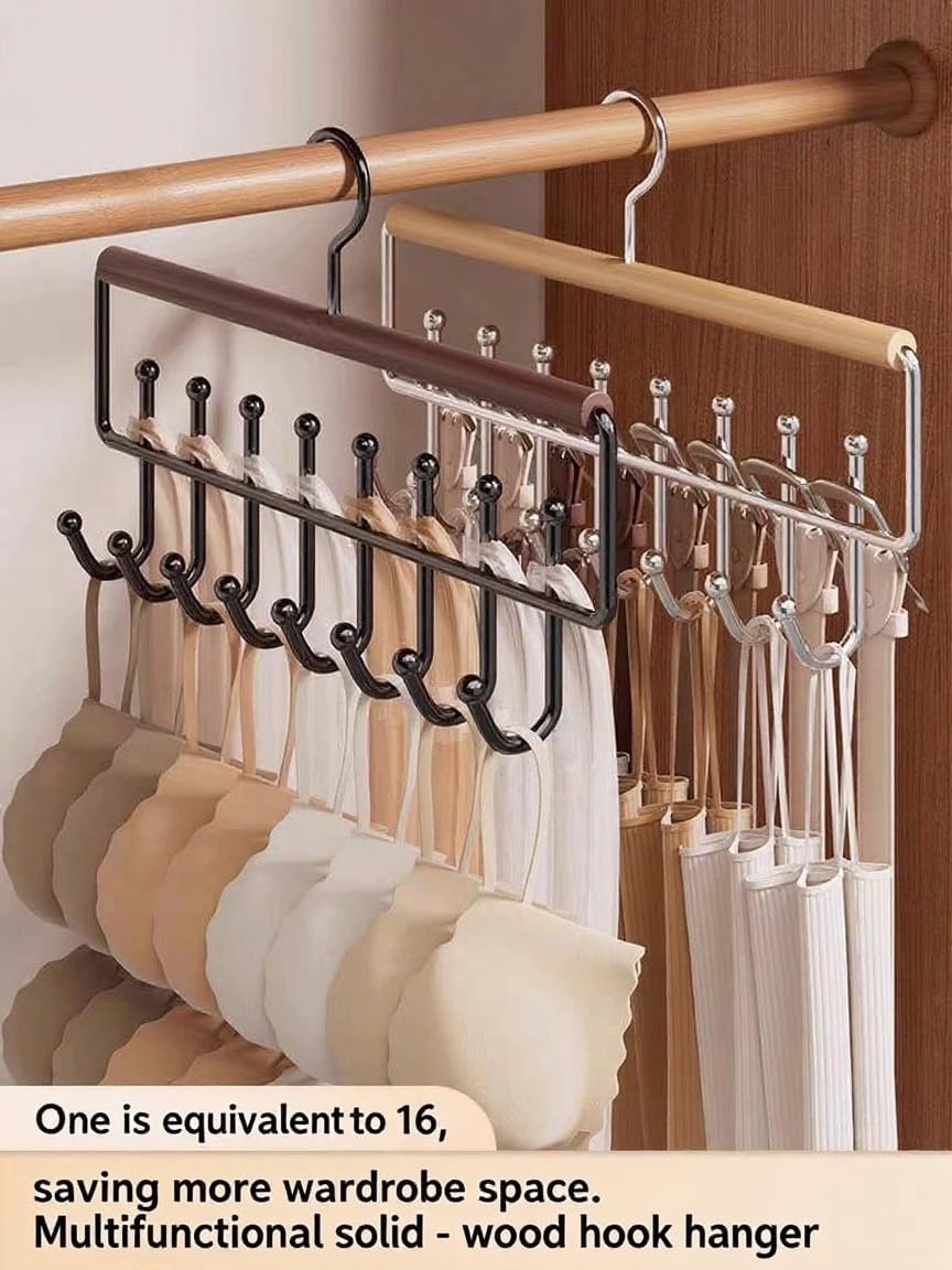 POSCAP 2 Pack Wooden Bra Hanger with 16 Hooks for Closet Organizer, 360° Rotating Design, Space Saving Storage for Tank Tops, Bras, Belt,Scarves and More