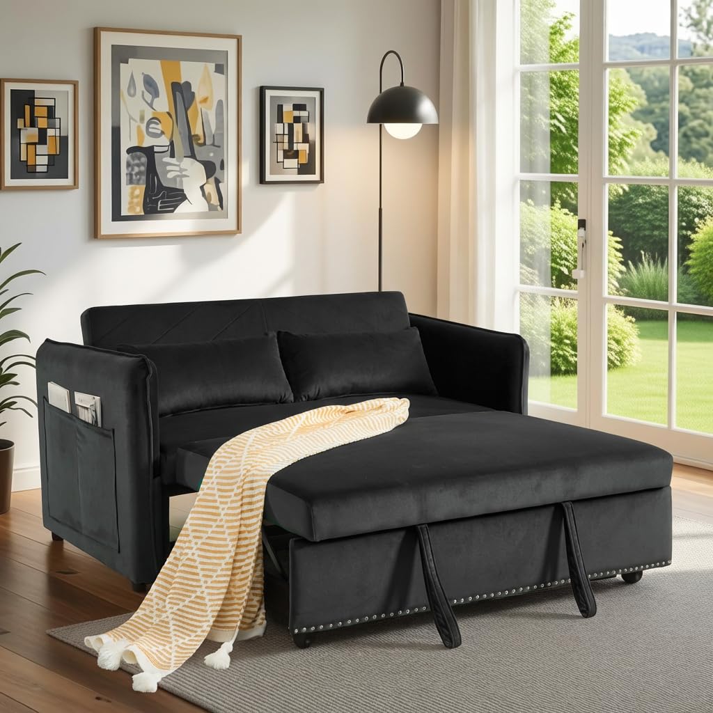 Trygoal 3 in 1 Convertible Sofa Bed, Pull Out Couch with Side Pockets, Velvet Fabric Loveseat Sleeper Sofa Bed, Pull Out Couch with Adjustable