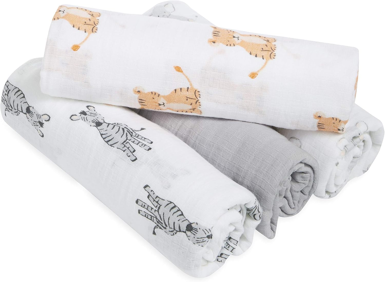 aden + anais essentials - 4 Maxi-langes pour bébé en mousseline 100 % coton - Pack de 4 - Langes ultradoux et légers - Multi usages - Imprimé Safari Babes - Garçon et fille - 112 cm x 112 cm