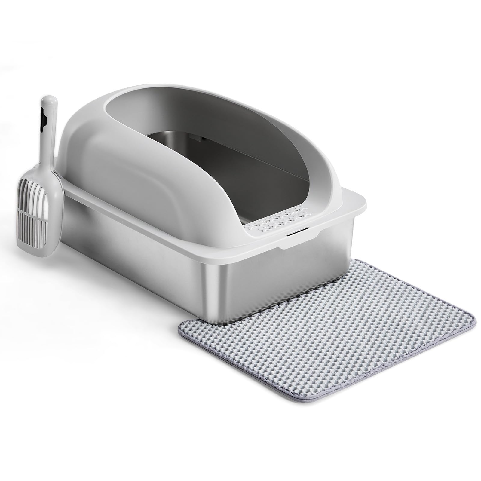 Aidoly Stainless Steel Cat Litter Box with Lid, High Sided Large Cat Litter Box for Anti-Urine Leakage, Included Scoop and Litter Mat, Light Gray