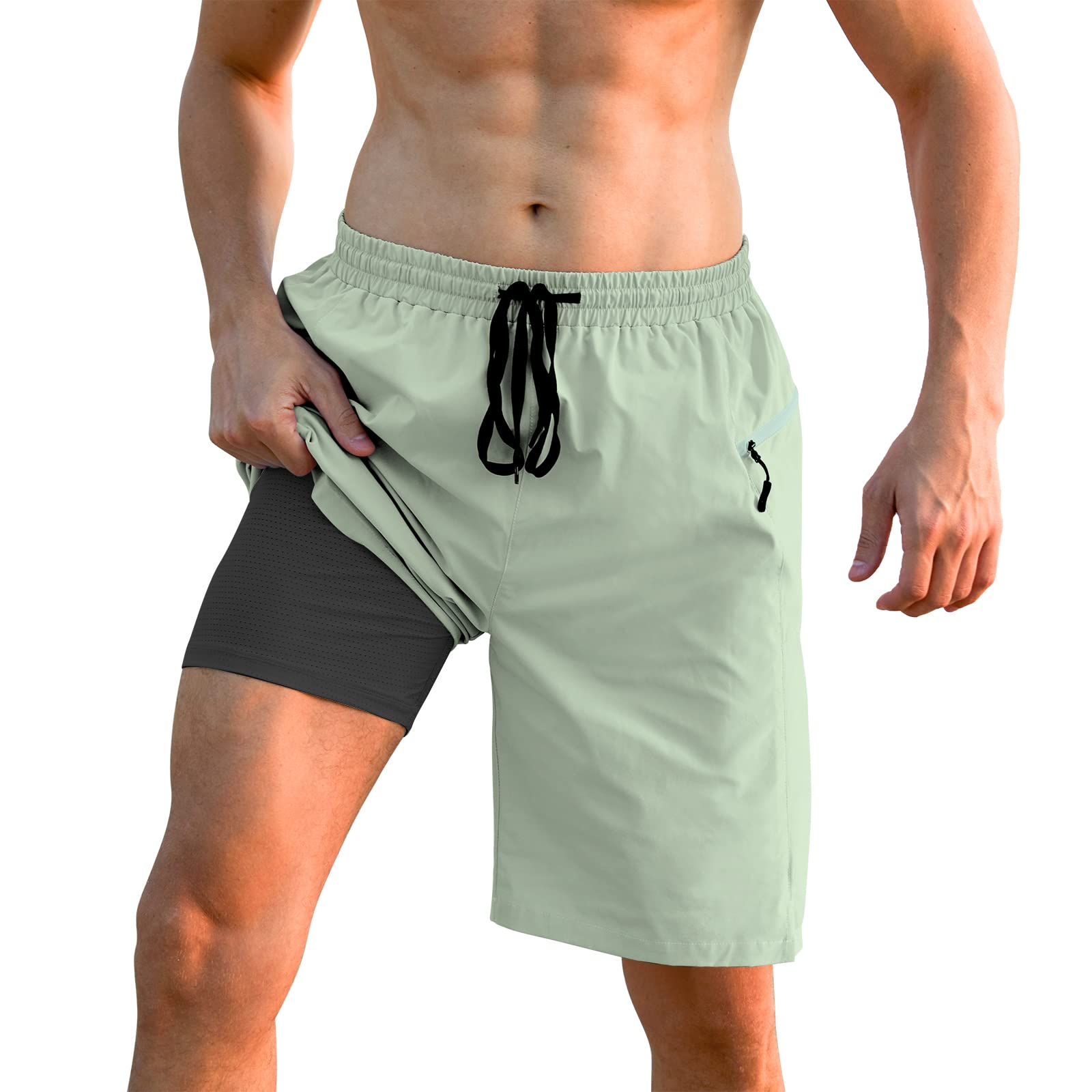 CozopleMens Swim Trunks with Compression Liner 2 in 1 Board Shorts 9 Inch Quick Dry Swimming Trunks with Zipper Pockets