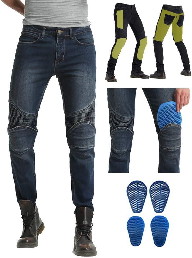 Aramid Reinforce Biker Jeans Men Motorcycle Riding Pants Armor Motocross Racing Silica Gel Pads (XS=26=Waist 30", Blue)