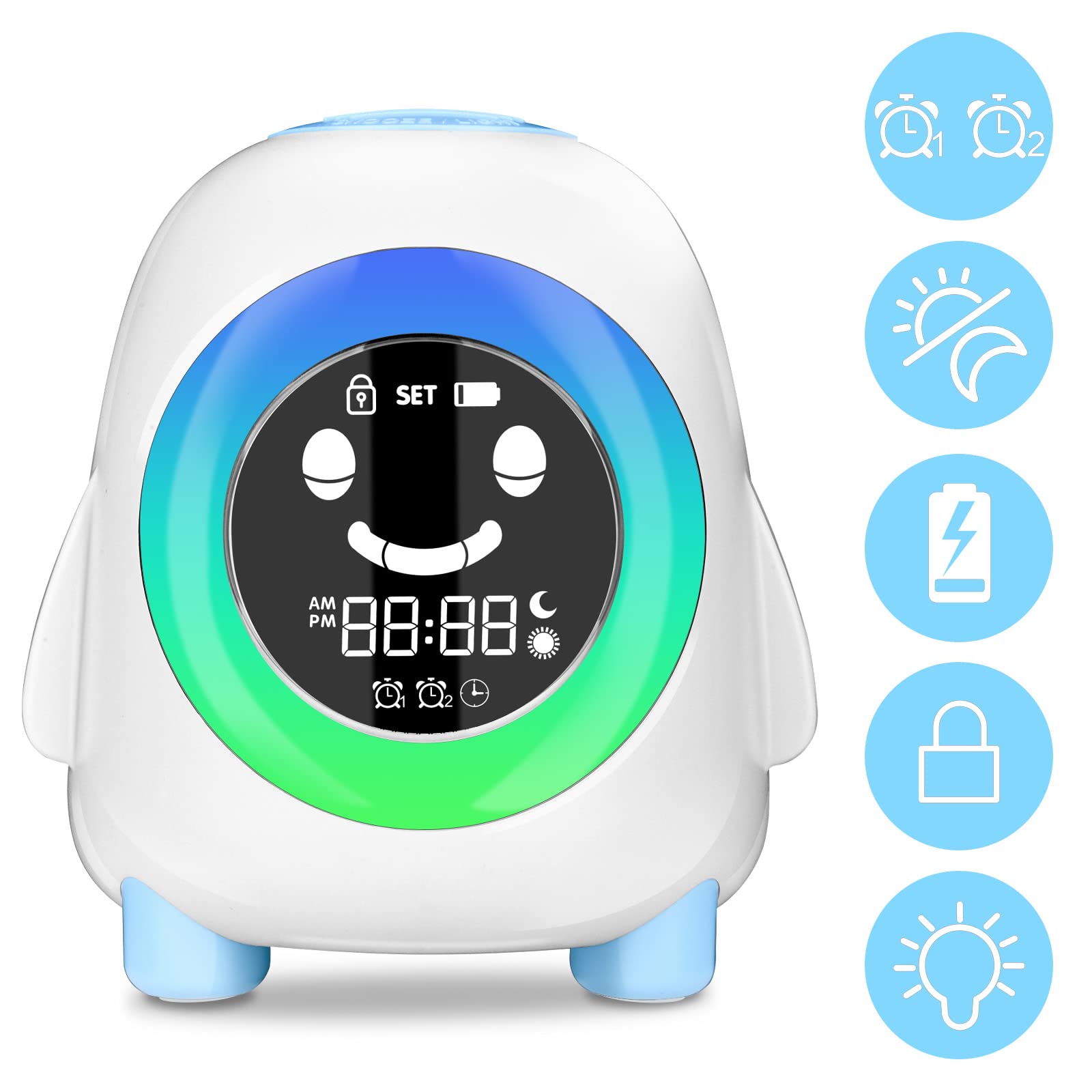 Cadrim Sveglia Digitale per Bambini Wake-up Light Ricaricabile USB Bambini Allarme Sveglia Comodino Sveglia Allenatore Sonno Orologio 2 Sveglie 3 Luminosità 5 Suonerie&Colori 8 Musica Funzione Snooze