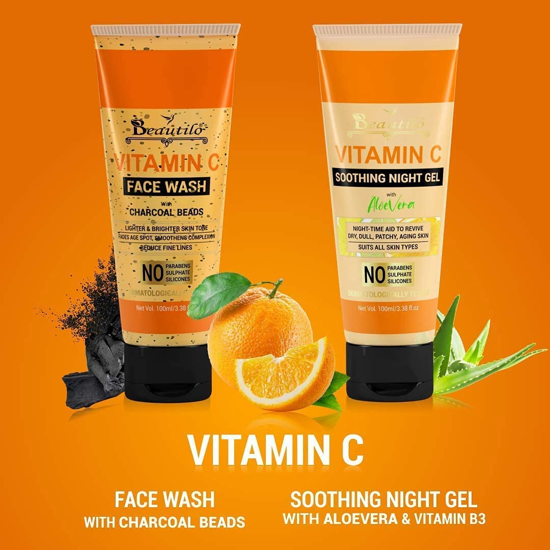 Beautilo Daily Fresh & Moisturizing Pack (witamina C do mycia twarzy z koralikami węglowymi i witaminą C, kojący żel na noc), 200 g (2 sztuki)
