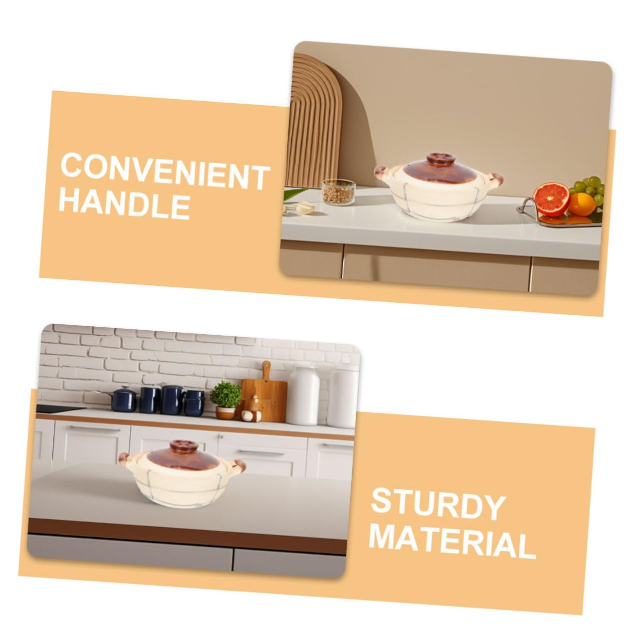 Olla de Barro con Asa para Cocinar, 2 Piezas Beige de Arcilla | Hierro Incluido Estructura, Diseño de Agarre Seguro y Resistente al Calor, para Sopas y Preparación Individual