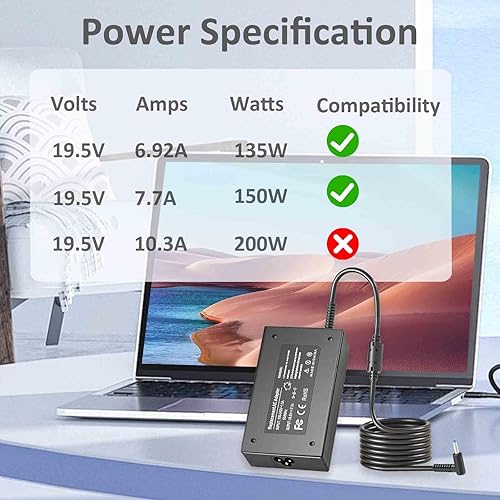Miniatura 2 de Cargador de 19.5V 7.7A 150W compatible con HP Omen 15 17, Pavilion Gaming Laptop 15 16 17, ZBook 15 17 G3 G5 G6 G10 Workstation, Envy Victus Gaming