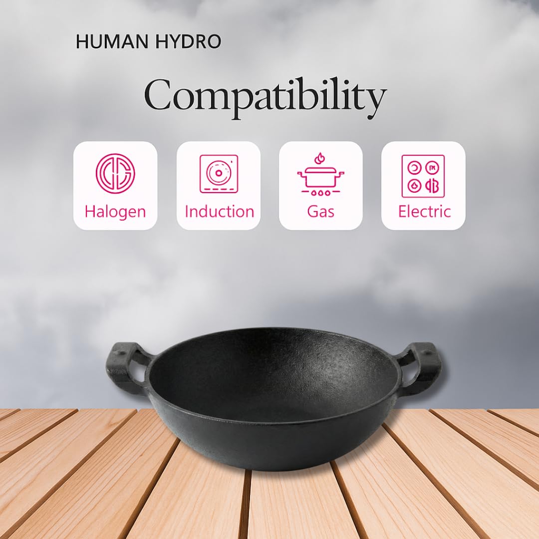 Human Hydro Pre-Seasoned Cast Iron Kadai (26CM/10.5 Inch) with Wooden Spatula | Naturally Nonstick, Gas & Induction Compatible | Heavy-Duty Cookware for Deep Frying, Stir-Frying & Sautéing 1