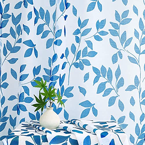 Image of Navy-Blue Sheer Curtains Living Room 84 inches Length Floral Leaves Printed on White Semi Sheer Drapes for Bedroom Privacy Linen Textured Window Panels for Guest Room Office Studio, 2 Panels