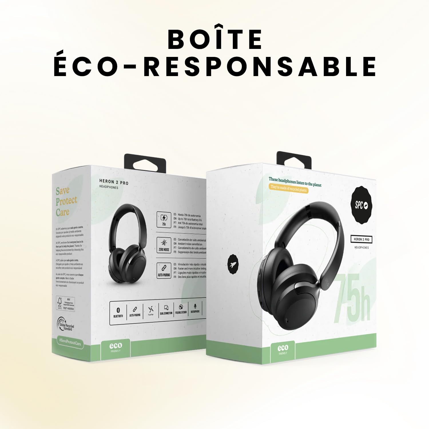 SPC Heron 2 Pro - Casque sans Fil Bluetooth | ECO | Batterie 75h | Annulation de Bruit (ANC) | Double Connexion simultanée | Mode Gaming | Réglables et Pliables, Noir, Plastique recyclé