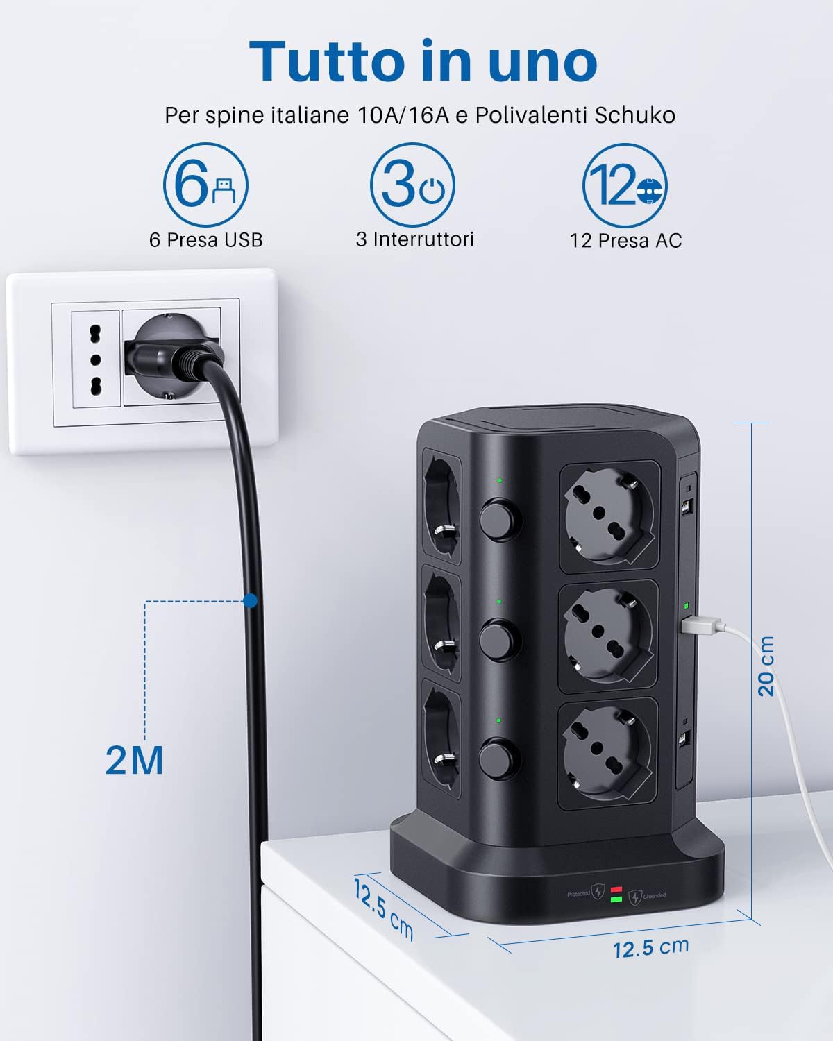 KOOSLA Ciabatta Elettrica con 12 Prese Universali ITA 10/16A e Schuko e 6 slot USB-A(4000W/16A), Multipresa verticale protezione sovratensione con 3 interruttori indipendenti, 2M Cavo, Nero