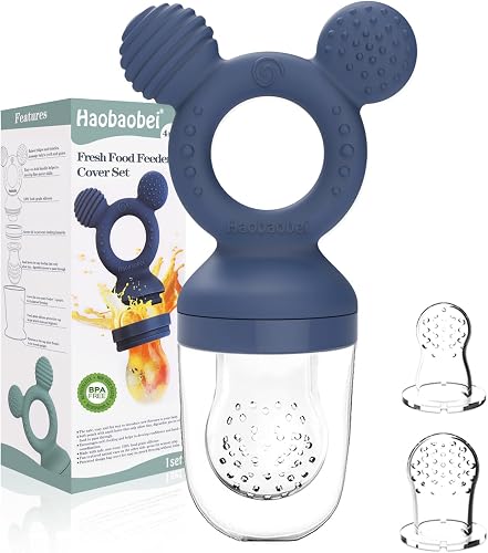 HAOBAOBEI Baby Fruit Feeder, Frozen Teething Toys, Infants Teether Pacifier with 3 Extra Teats, Toddler Eating Essentials, BPA Free Feeding Supplies (Steel Blue)