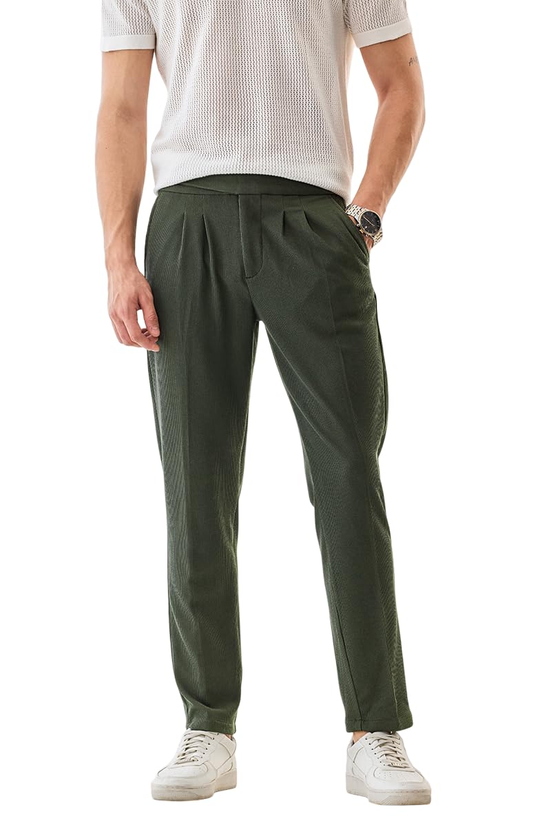 Men Trousers | Slim Fit Ribbed Textured Design with Pleated Front | Polyester Blend with Medium Stretch for Casual & Workwear | Machine Washable-image-24