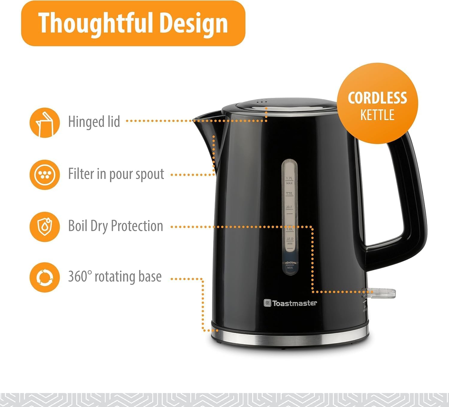 Toastmaster Electric Kettle by Select Brands - Cordless Electric Water Boiler for Coffee, Tea & More - Use This Electric Tea Kettle in Your Kitchen or Dorm - 1.7 Liters, Black