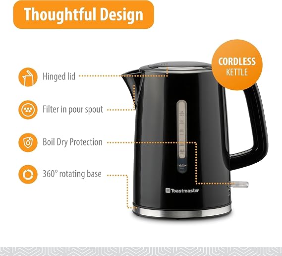 Toastmaster Electric Kettle by Select Brands - Cordless Electric Water Boiler for Coffee, Tea & More - Use This Electric Tea Kettle in Your Kitchen or Dorm - 1.7 Liters, Black