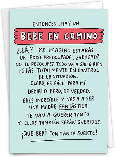 NobleWorks Divertida tarjeta de papel para bebé español con sobre de 5 x 7 pulgadas (1 tarjeta) ducha, anuncio bebé en camino C6355BBG-SL