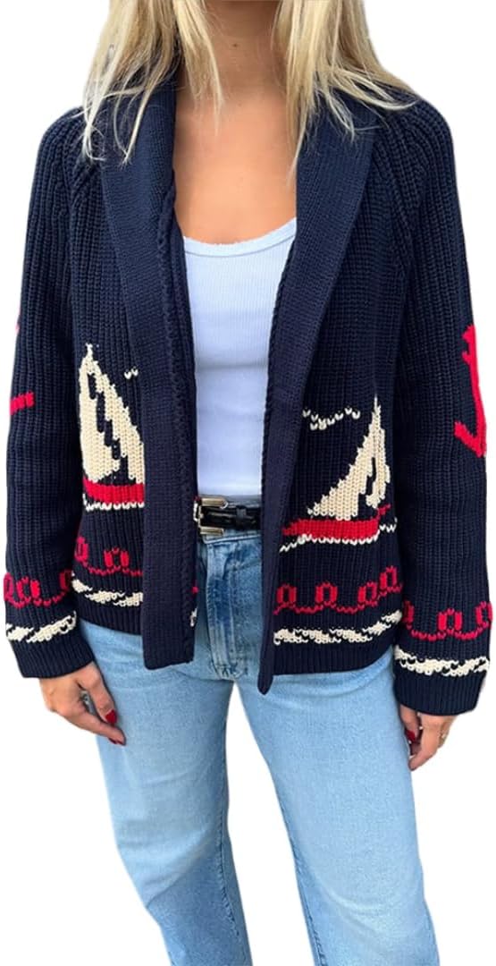 Sailboat Jacquard Knit Cardigan for Women - Fashion Turn Down Collar Spring Sweater, Street Chic Open Front Knitted Top