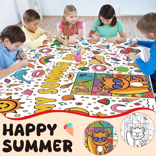 Image of OHOME Summer Giant Coloring Poster /Tablecloth - Summer Toys | 30 x 72 Inches Jumbo Coloring Banner - Kids Crafts Activities Games Decor Party Favors Birthday Decorations for Classroom School